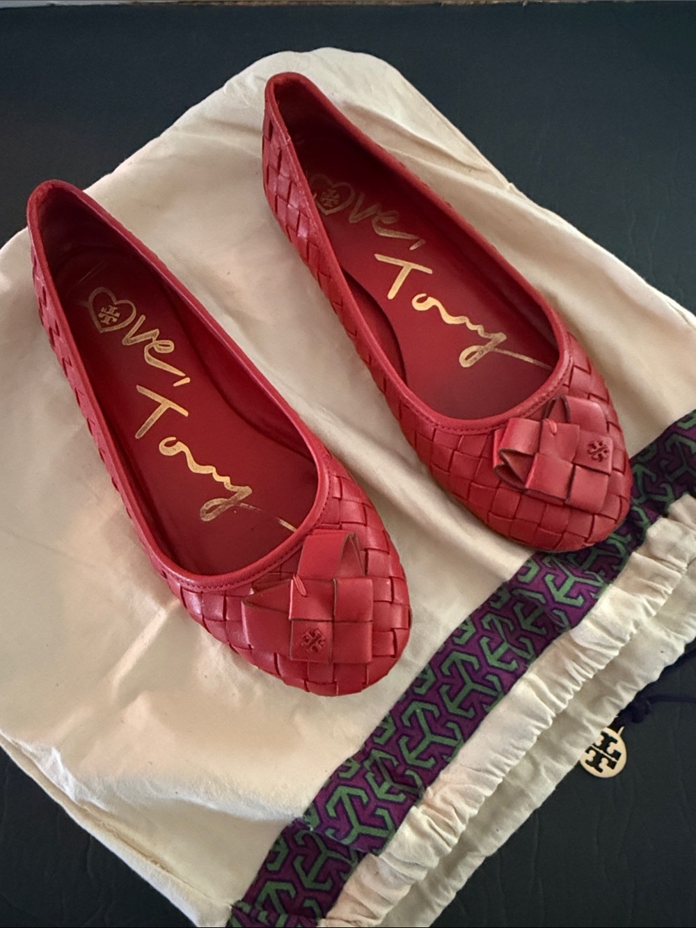TORY BURCH  Red Woven Leather Ballet Flats 7.5 CORQUETTE Whimsical Workwear